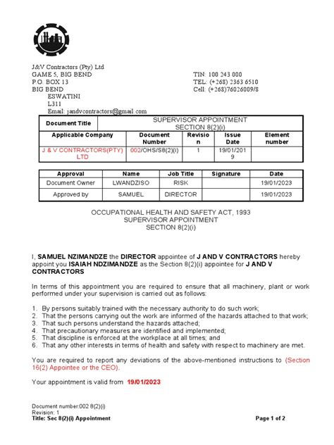 SEC 8 (2) (I) SUPERVISOR APPOINTMENT .